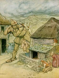 Le Géant Cormoran était la terreur de toute la campagne, illustration de Jack le Tueur de Géants des Contes de fées anglais racontés par F.A. Steel, 1927